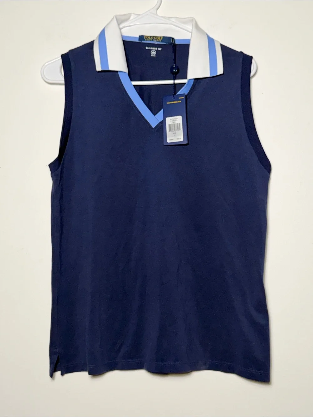 Ralph Lauren Navy Sleeveless Polo Vest with Light Blue & White Collar